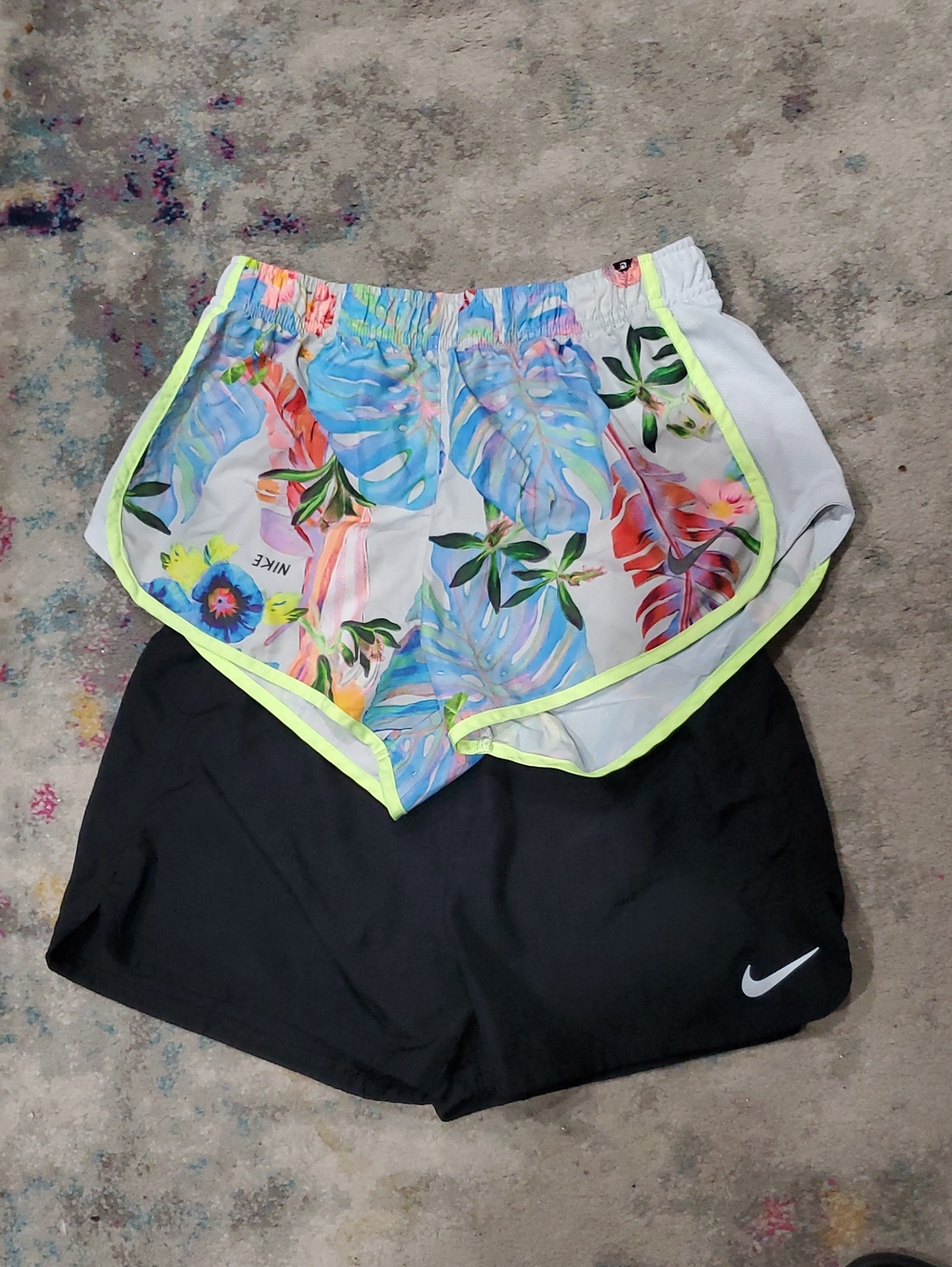 2 Pair Nike Running Shorts - 1 Black, 1 Multicolor Peacock Bird Print - Size S